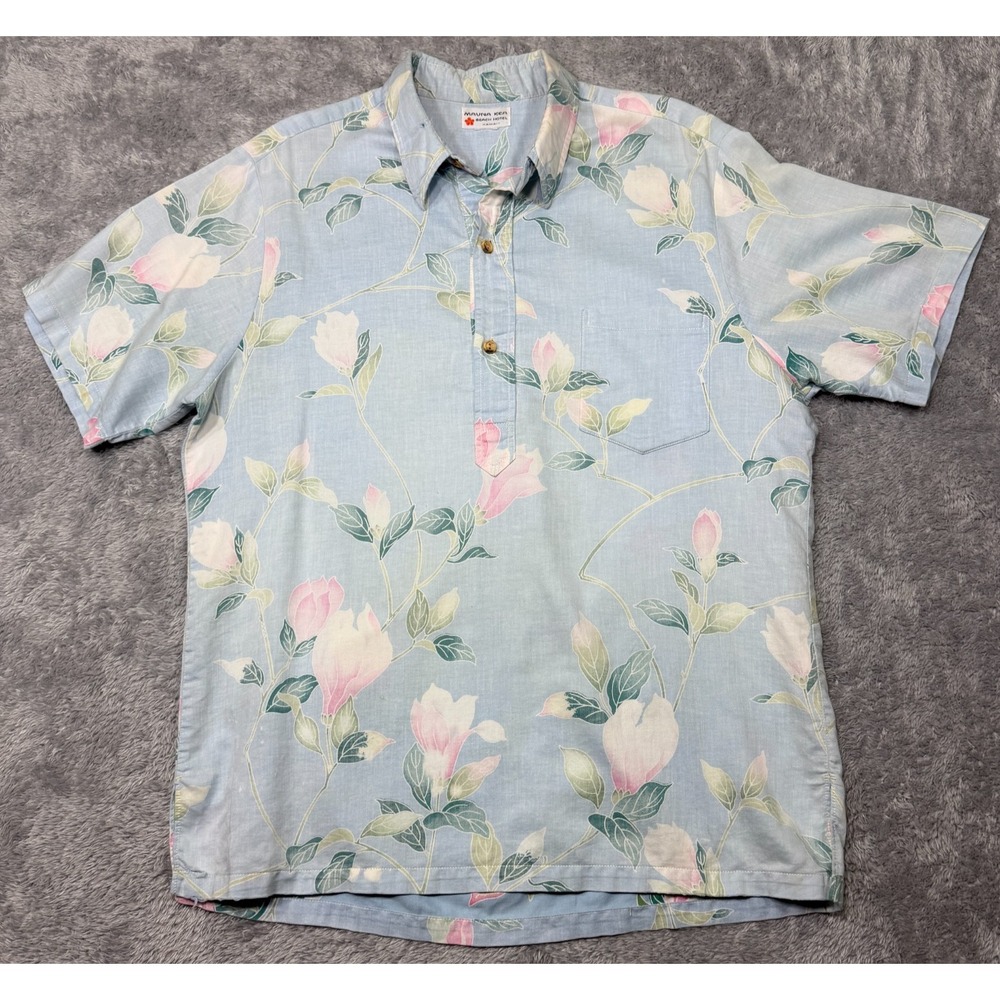 Vintage Mauna Kea Beach Hotel Hawaii Mens L Blue Floral Popover Aloha Shirt